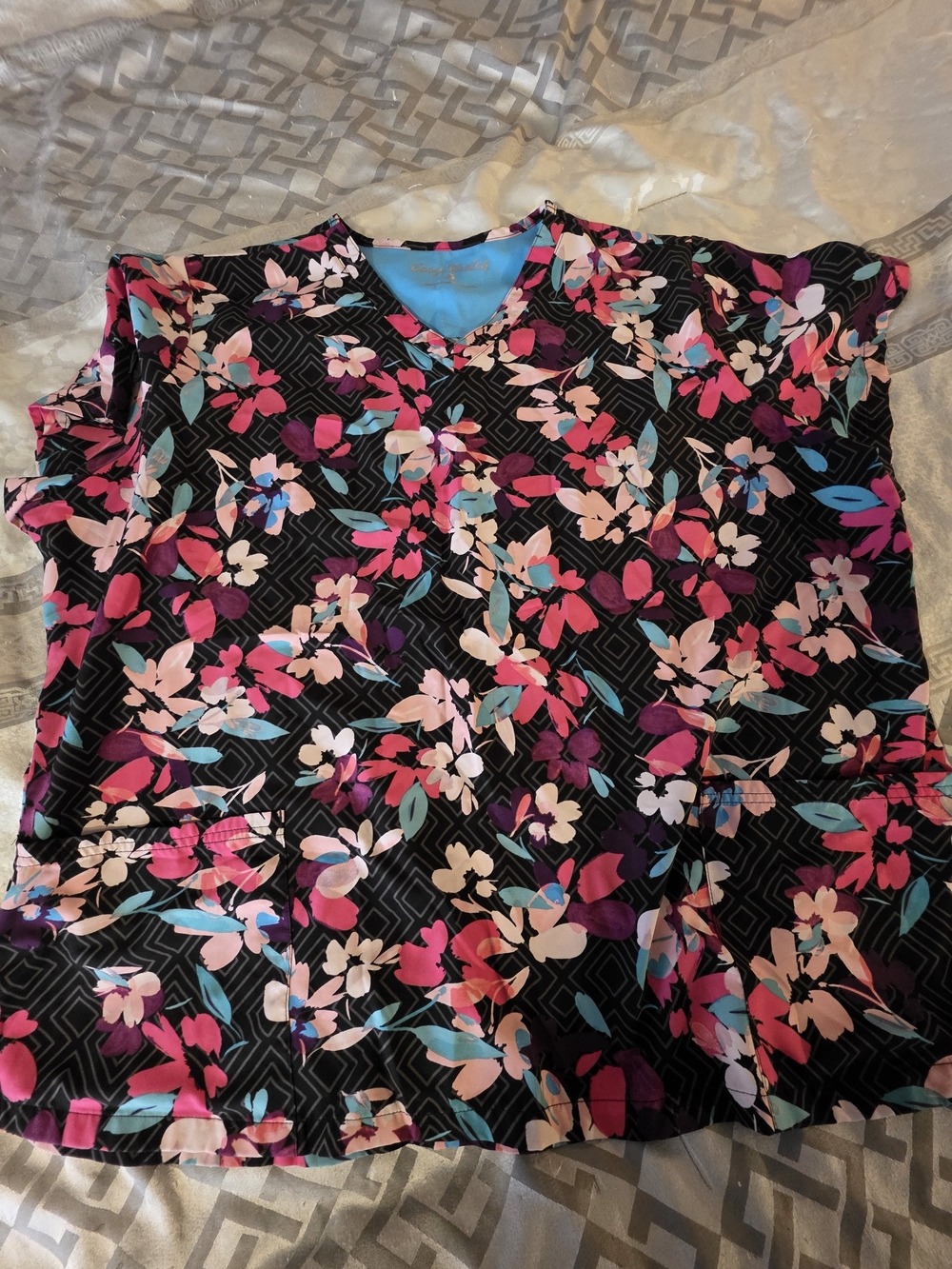 Uniform Advantage Black Floral V-Neck Tunic with Pink, Teal & Purple Accents